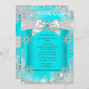 Invitation Turquoise Blue Winter Wonderland Snowflake Silver 