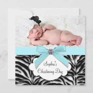 Invitation Turquoise Blue Zebra Baby Girl Photo Christening