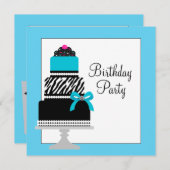 Invitation Turquoise Blue Zebra Cake Cupcake fête d'anniversa (Devant / Derrière)