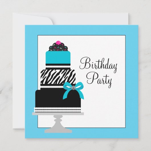 Invitation Turquoise Blue Zebra Cake Cupcake fête d'anniversa (Devant)