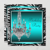Invitation Turquoise Blue Zebra Chandelier fête d'anniversair (Devant / Derrière)