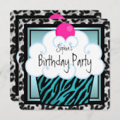 Invitation Turquoise Blue Zebra Cupcake fête d'anniversaire (Devant / Derrière)