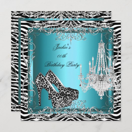 Invitation Turquoise Blue Zebra Empreinte de léopard Party Ch (Devant / Derrière)