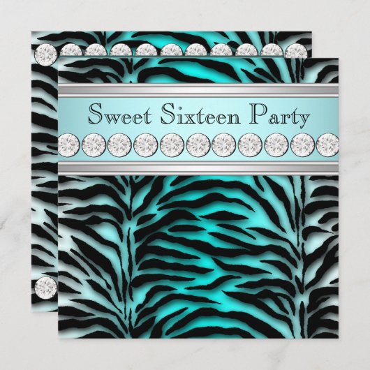 Invitation Turquoise Blue Zebra fête d'anniversaire (Devant / Derrière)