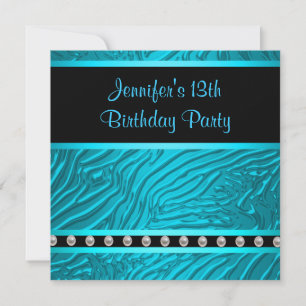 Invitation Turquoise Blue Zebra Girls 13ème anniversaire