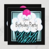 Invitation Turquoise Blue Zebra Girls Cupcake fête d'annivers (Devant / Derrière)