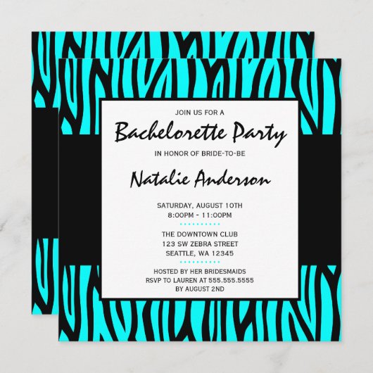 Invitation Turquoise Blue Zebra Modern Bachelorette Party (Devant / Derrière)
