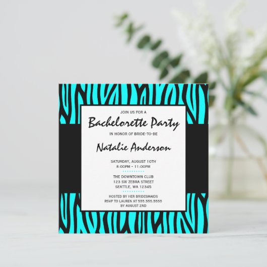 Invitation Turquoise Blue Zebra Modern Bachelorette Party (Debout devant)