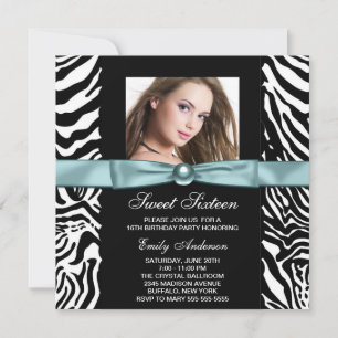 Invitation Turquoise Blue Zebra Photo Sweet sixteen Anniversa
