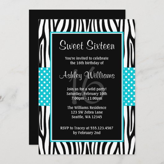 Invitation Turquoise Blue Zebra Polka Dot Sweet 16 (Devant / Derrière)