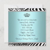 Invitation Turquoise Blue Zebra Princesse Baby Girl Douche (Dos)