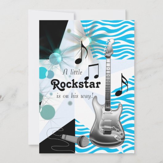 Invitation Turquoise Blue Zebra Rock Star Baby Boy Douche (Devant)