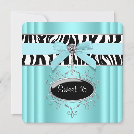 Invitation Turquoise Blue Zebra Sweet 16 Anniversaire (Devant)