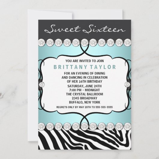 Invitation Turquoise Blue Zebra Sweet sixteen fête d'annivers (Devant)
