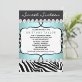 Invitation Turquoise Blue Zebra Sweet sixteen fête d'annivers (Debout devant)