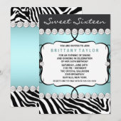 Invitation Turquoise Blue Zebra Sweet sixteen fête d'annivers (Devant / Derrière)