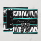 Invitation Turquoise Blue Zebra Sweet sixteen fête d'annivers (Devant / Derrière)