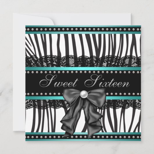 Invitation Turquoise Blue Zebra Sweet sixteen fête d'annivers (Devant)