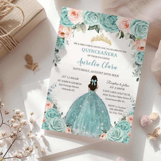 Invitation Turquoise Blush Floral Princess Gold Quinceañera