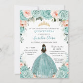 Invitation Turquoise Blush Floral Princess Gold Quinceañera (Devant)