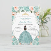 Invitation Turquoise Blush Floral Princess Gold Quinceañera (Debout devant)