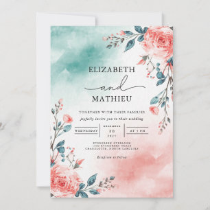 Invitation Turquoise Blush Floral Romance Mariage