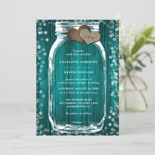 Invitation Turquoise bois Mason Jar Rustique Mariage de autom (Debout devant)