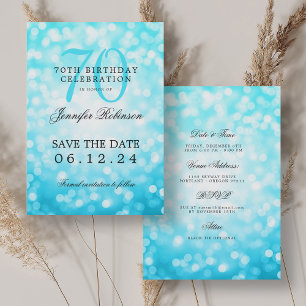 Invitation Turquoise Bokeh 70th Birthday Save Date Détails