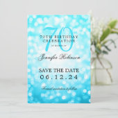 Invitation Turquoise Bokeh 70th Birthday Save Date Détails (Debout devant)