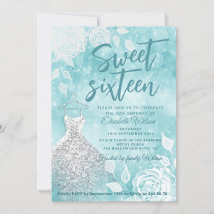Invitation Turquoise Bokeh blanc roses sweet sixteen