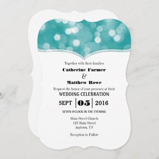 Invitation Turquoise Bokeh Parties scintillant lumière mariag (Devant / Derrière)