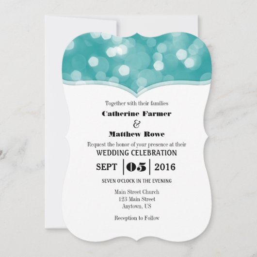 Invitation Turquoise Bokeh Parties scintillant lumière mariag (Devant)