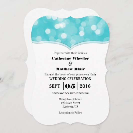 Invitation Turquoise Bokeh Parties scintillant lumière mariag (Devant / Derrière)