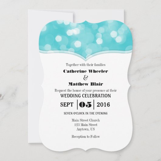 Invitation Turquoise Bokeh Parties scintillant lumière mariag (Devant)