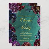 Invitation Turquoise Bordeaux Amethyst Bijou Tone Mariage or (Devant / Derrière)