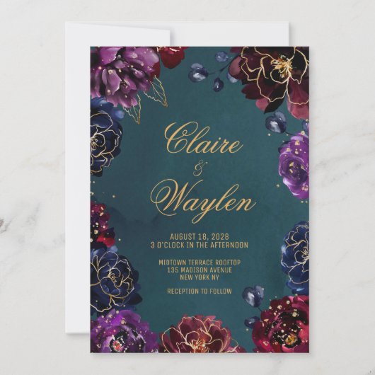 Invitation Turquoise Bordeaux Amethyst Bijou Tone Mariage or (Devant)