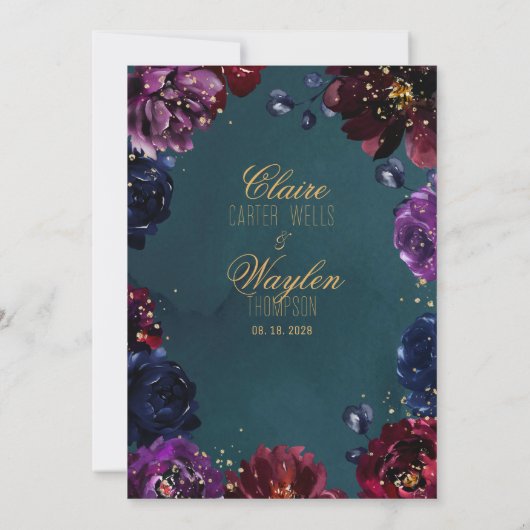 Invitation Turquoise Bordeaux Amethyst Bijou Tone Mariage or (Dos)