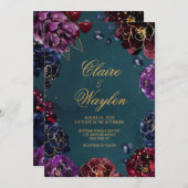 Invitation Turquoise Bordeaux Amethyst Bijou Tone Mariage or (Devant / Derrière)