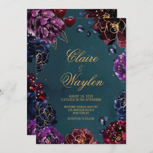 Invitation Turquoise Bordeaux Amethyst Bijou Tone Mariage or (Devant / Derrière)
