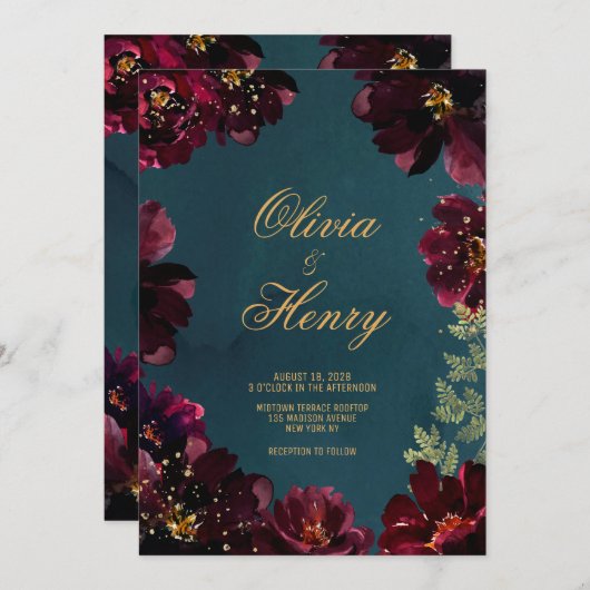 Invitation Turquoise Bordeaux Jewel Tones Version simple (Devant / Derrière)