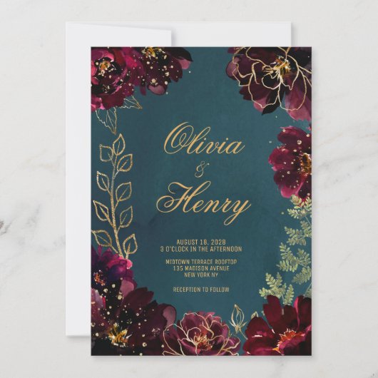 Invitation Turquoise Bordeaux Jewel Tons Nom Mariage (Devant)