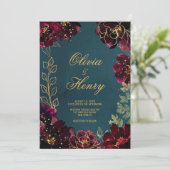 Invitation Turquoise Bordeaux Jewel Tons Nom Mariage (Debout devant)