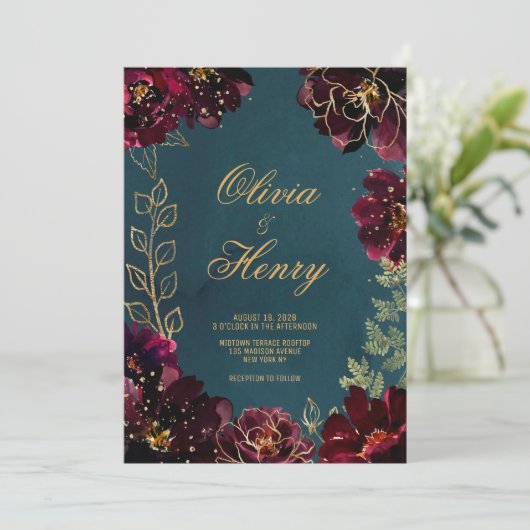 Invitation Turquoise Bordeaux Jewel Tons Nom Mariage (Debout devant)