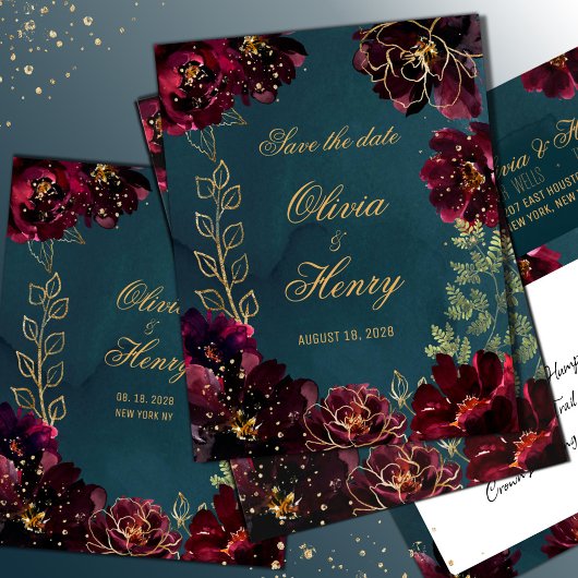 Invitation Turquoise Bordeaux Joyaux Tons Mariage Enregistrer