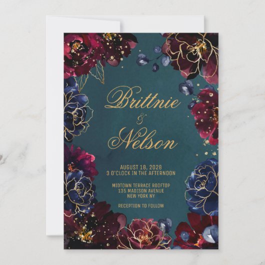 Invitation Turquoise Bordeaux Sapphire Bijou Tone Mariage or (Devant)
