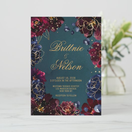 Invitation Turquoise Bordeaux Sapphire Bijou Tone Mariage or (Debout devant)