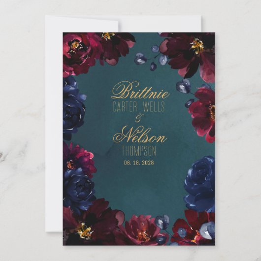 Invitation Turquoise Bordeaux Sapphire Bijou Tone Mariage or (Dos)