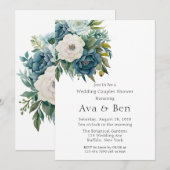Invitation Turquoise Botanique Floral Peony Mariage Couples D (Devant / Derrière)