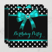 Invitation Turquoise Bow Black White Pois fête d'anniversaire (Devant / Derrière)