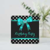 Invitation Turquoise Bow Black White Pois fête d'anniversaire (Debout devant)
